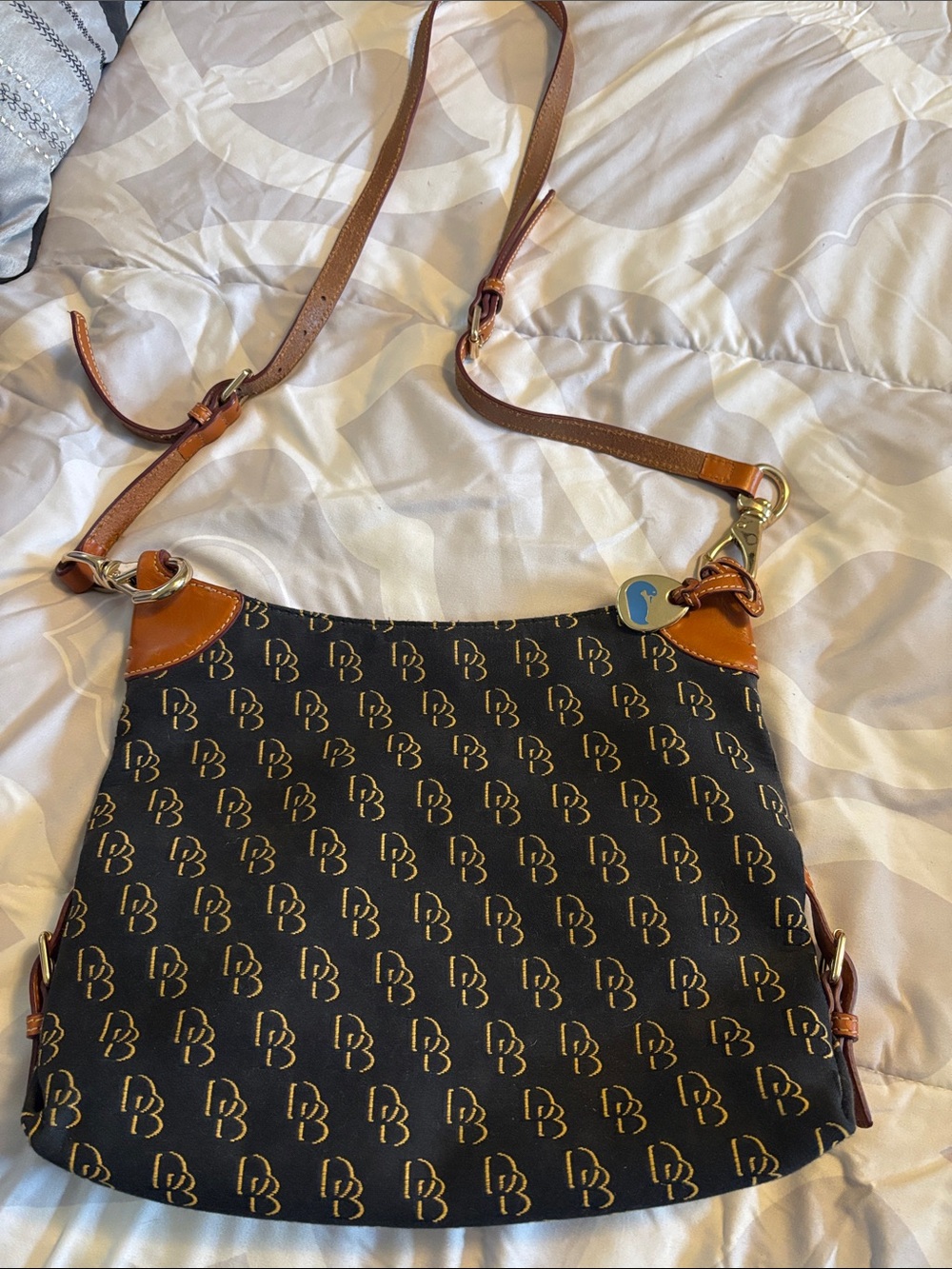 Dooney & Bourke Black Monogram Crossbody with Brown Trim and Gold Hardware